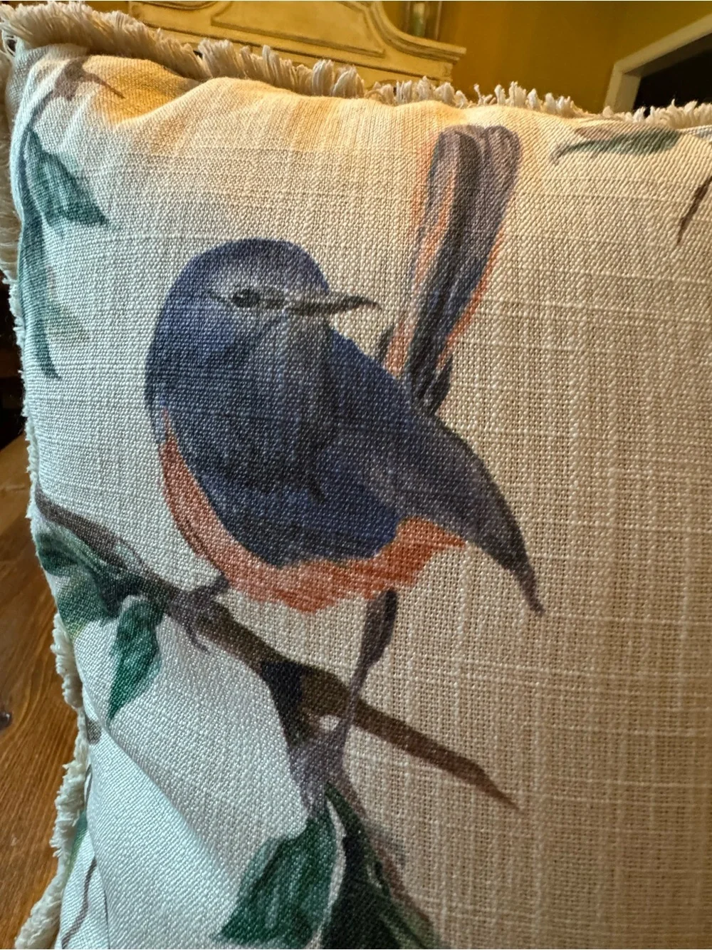 Source Unknown Cream Throw Pillow with Colorful Bird Print and Fringe